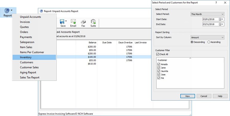 Express Invoice view and print reports screenshot