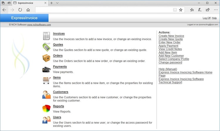 Express Invoice web console screenshot